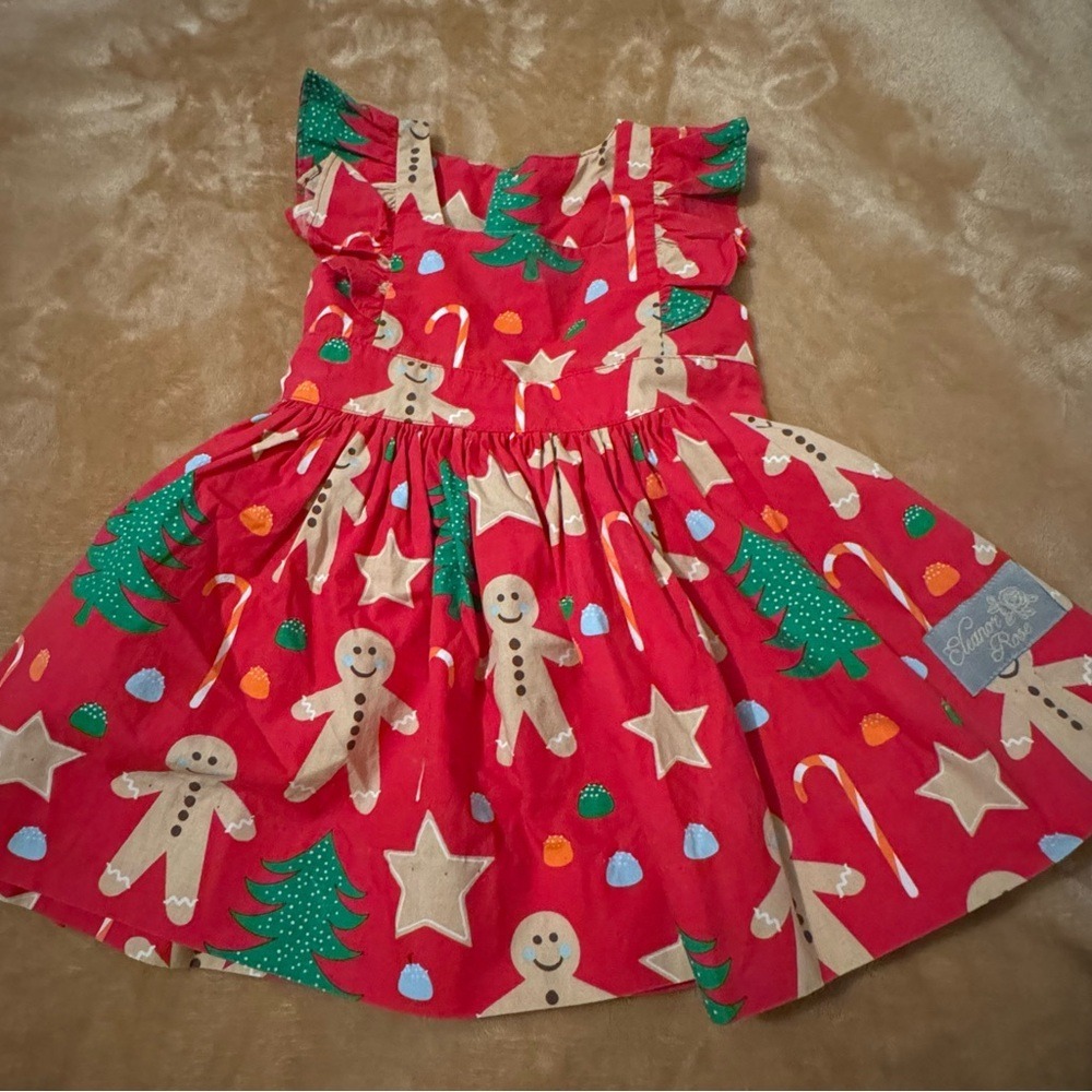 Eleanor Rose Girls Red Gingerbread Christmas Dress Ruffle Sleeve 12M Holiday